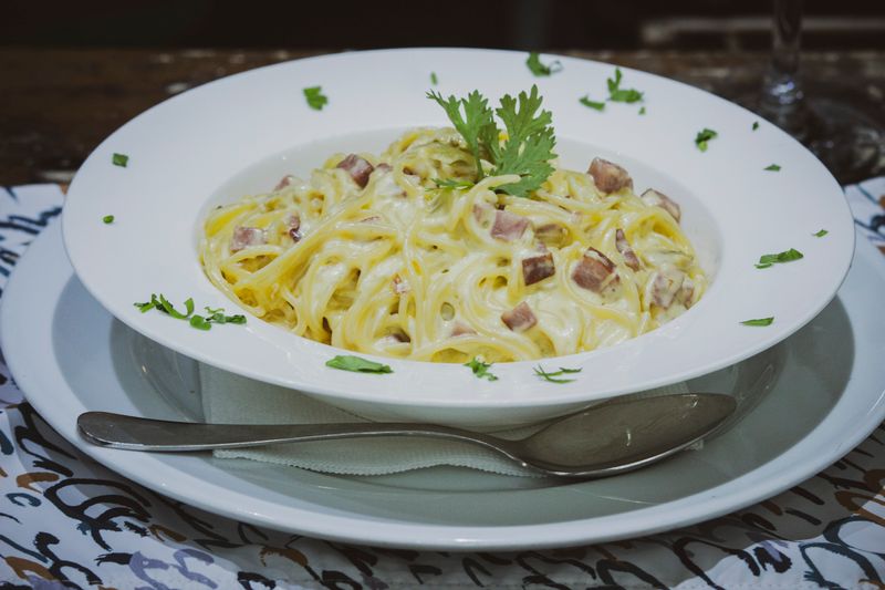 Creamy Carbonara pasta with crispy pancetta